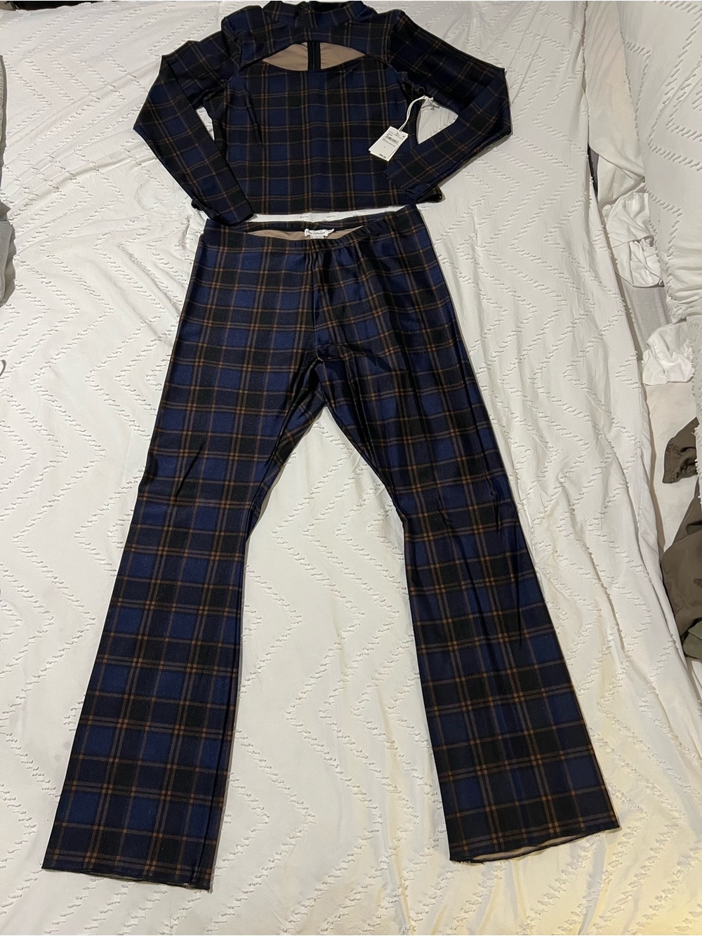 Good American Navy and Brown Plaid Two-Piece Pantsuit